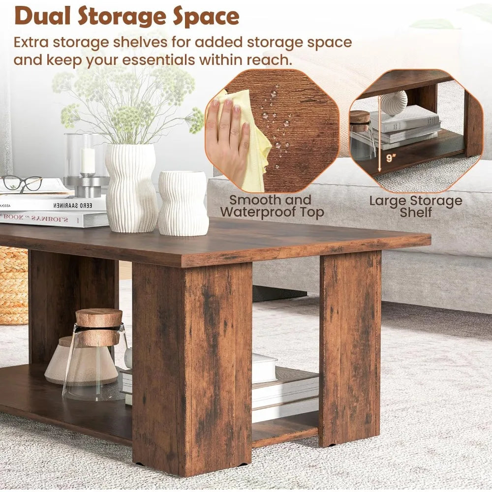 Rectangle Wood Center Table, 41" L 2-Tier Large Modern Tea Table w/Open Compartment, Easy Assembly, Accent Coffee Table