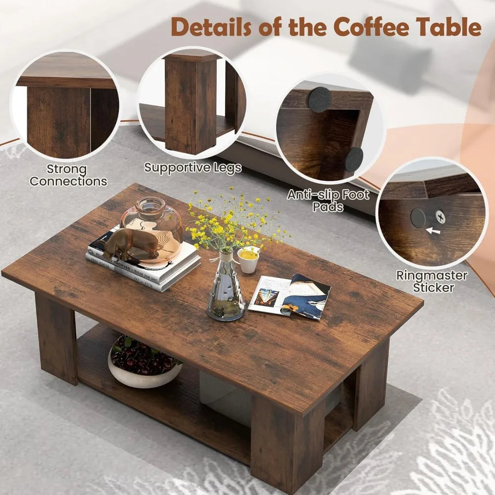 Rectangle Wood Center Table, 41" L 2-Tier Large Modern Tea Table w/Open Compartment, Easy Assembly, Accent Coffee Table