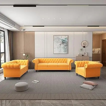 3 Piece Living Room Set, Velvet Chesterfield Sofa Loveseat Couch Chair with Scroll Arms and Nailhead for Living Room, Office (Bl