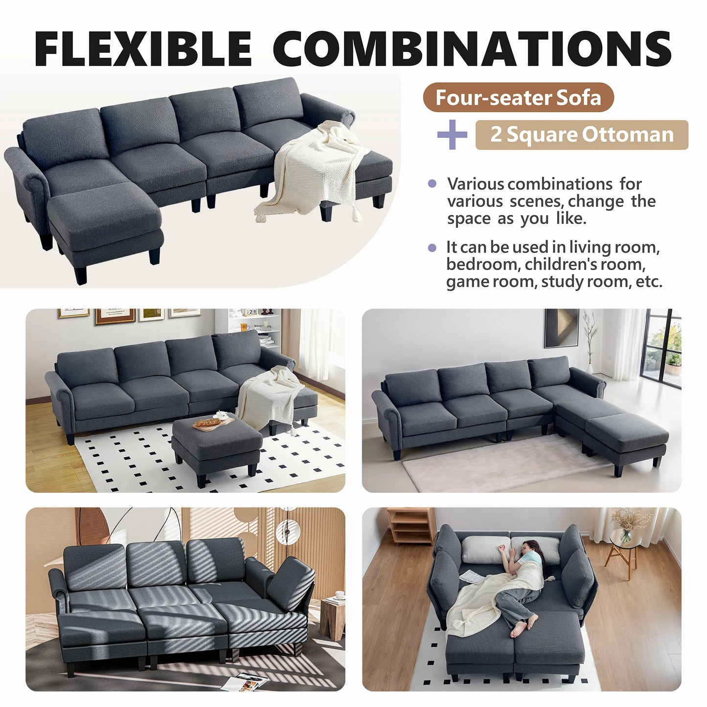Redlife 108" Sectional Sofa w/ Chaise Living Room Sofa Convertible 4 Seat L-Shape Sofa Set Fabric Sectional Couch w/ Two Ottoman