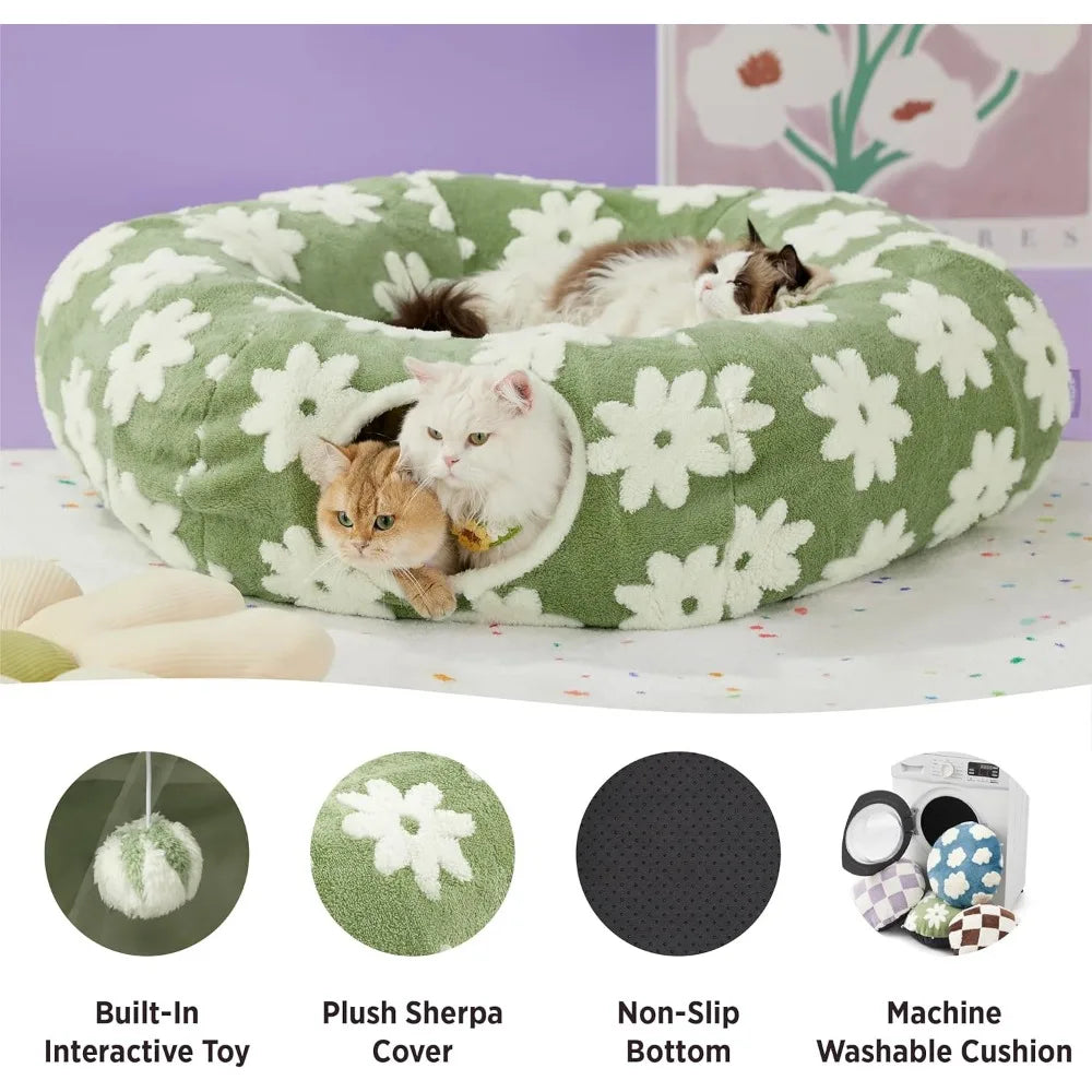 Lesure Large Cat Tunnel Bed - Cute Donut Bed for Indoor Cats with Washable Circle Cushion, Round Pet Peekaboo Cave Toy for Multi