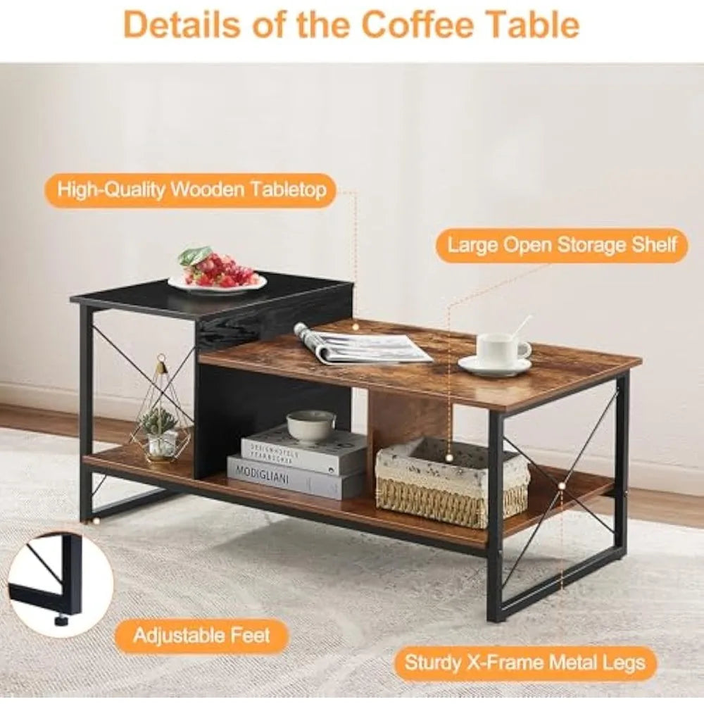 VECELO Wood 2-Tier Black Coffee Table with Storage Shelf for Living Room/Office Reception, Metal Frame & Wooden Tabletop, Modern