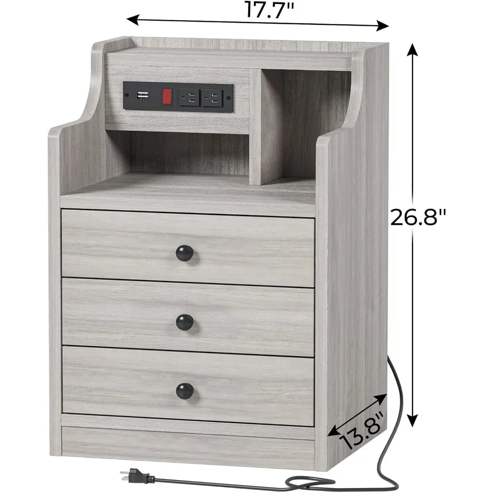Nightstand with Charging Station, Night Stand with Hutch & Storage Drawers, End Table Side Table Bedroom,