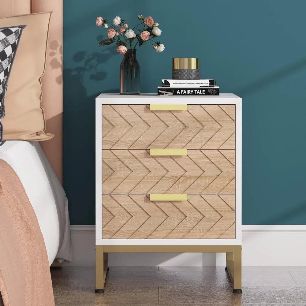 3 Drawers Nightstand Set of 2, Bedside Table with Unique Chevron Design, White End Side Table Night Stands with Gold Metal Legs
