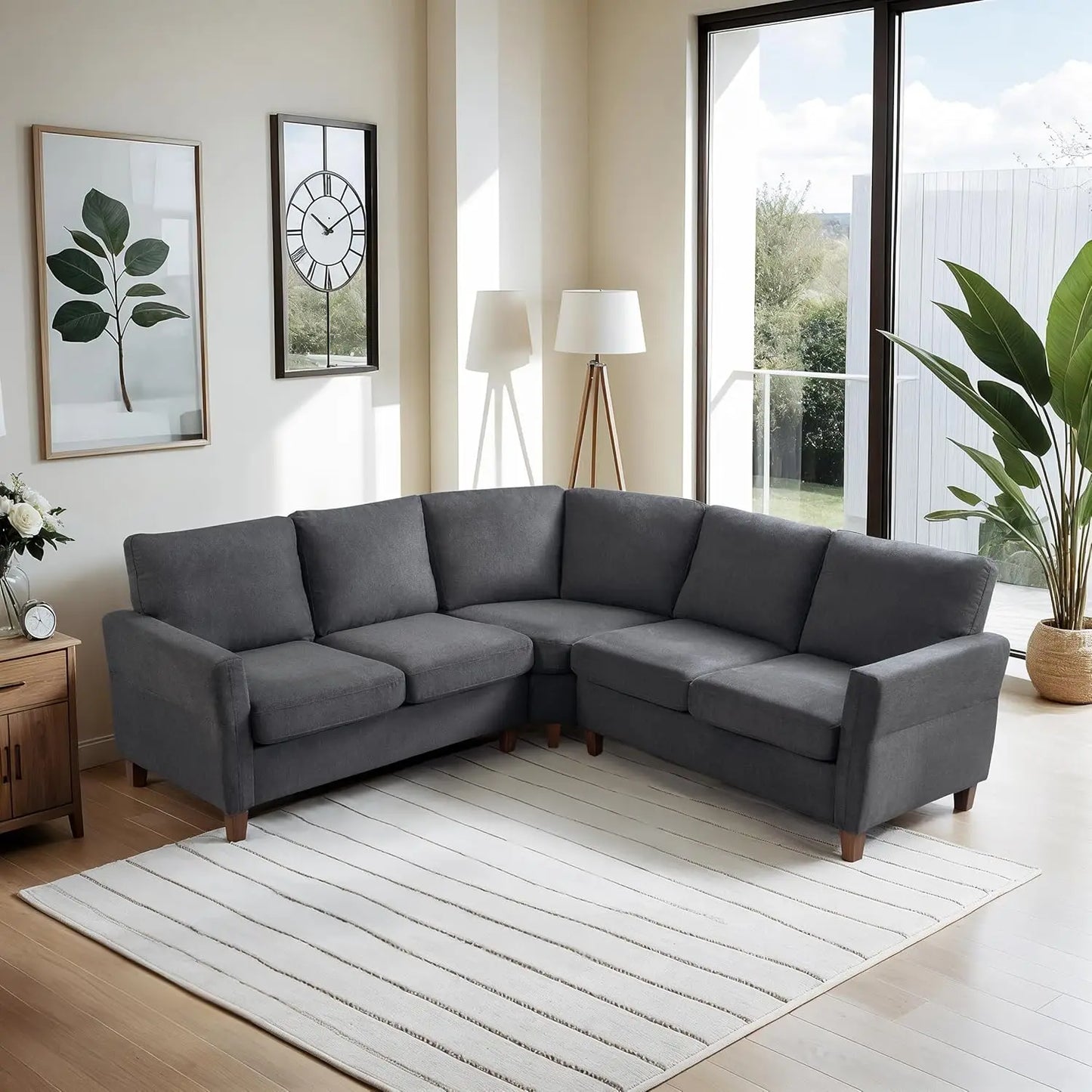 L Shaped Couch, Small Sectional Sofa for Living Room, L Couch with Pocket Springs Seat Cushion, Linen Fabric, Tapered Legs