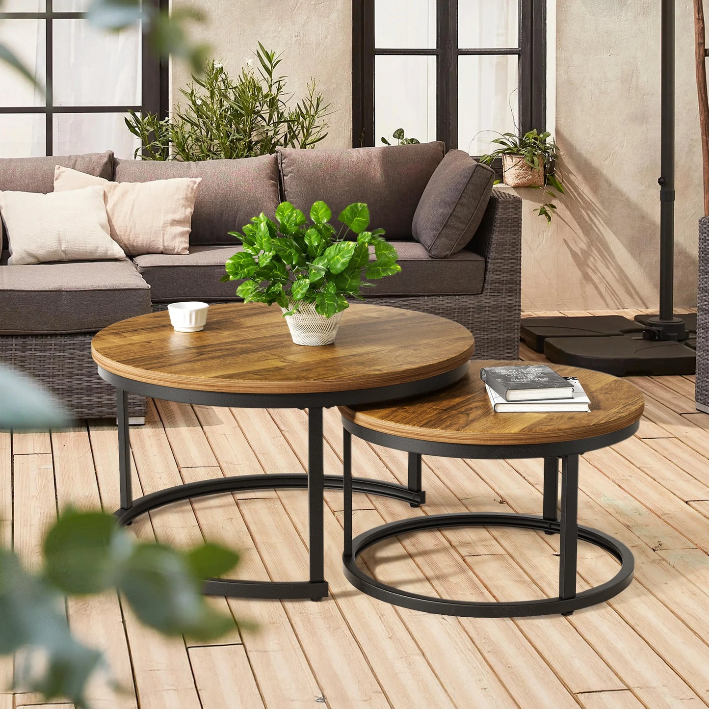2-Piece Nesting Coffee Table Set | 23.6" Round Rustic Solid Wood Tabletop (Clear Grain for Premium Texture) | Adjustable Non-Sli