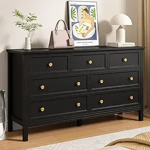 7 Drawer White Dresser for Bedroom, 55" Wood Dresser with Gold Handles, Wide Modern Chest of Drawers for Hallway, Entryway
