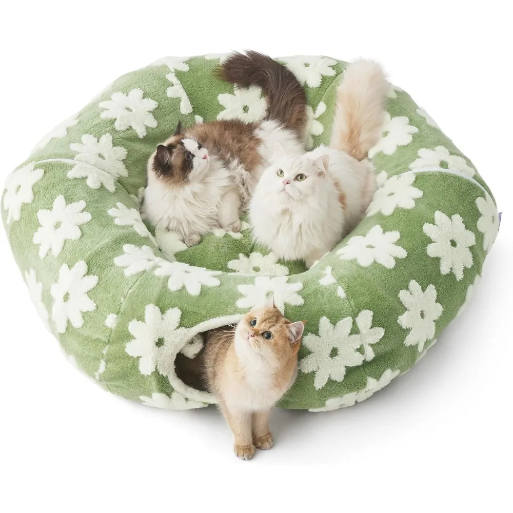 Lesure Large Cat Tunnel Bed - Cute Donut Bed for Indoor Cats with Washable Circle Cushion, Round Pet Peekaboo Cave Toy for Multi