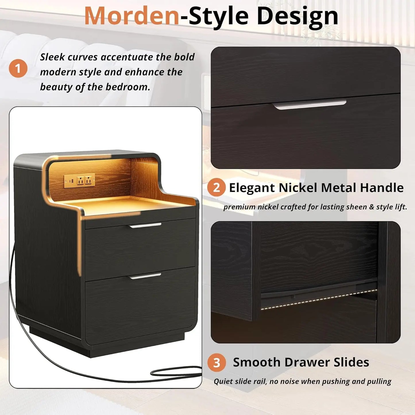 LIKIMIO Nightstand with Charging Station and LED Lights, Night Stand with Pull-Out Shelf, Bedside Table for Bedroom, Black