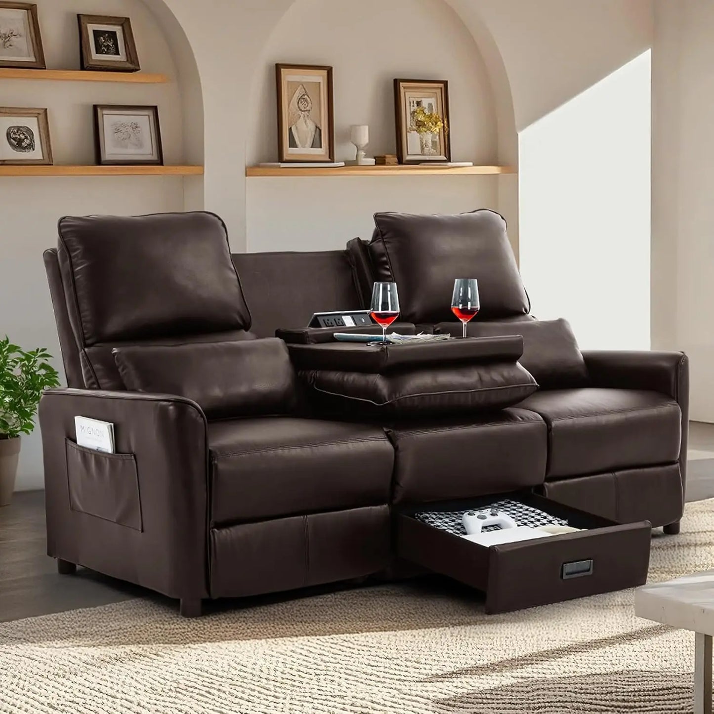 "74" 3-Seater RV Recliner Sofa - Flip Backrest & Drawer, USB/AC Ports & Cup Holders for Living Room"