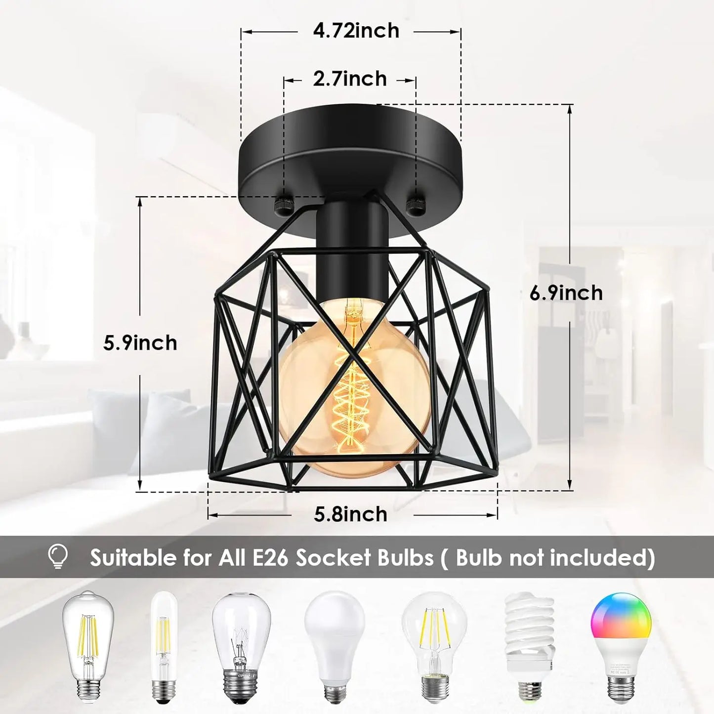E26 Industrial Metal Cage Lights Fixtures Ceiling Mount, for Hallway Farmhouse Kitchen Bedroom Lighting (4 Packs)