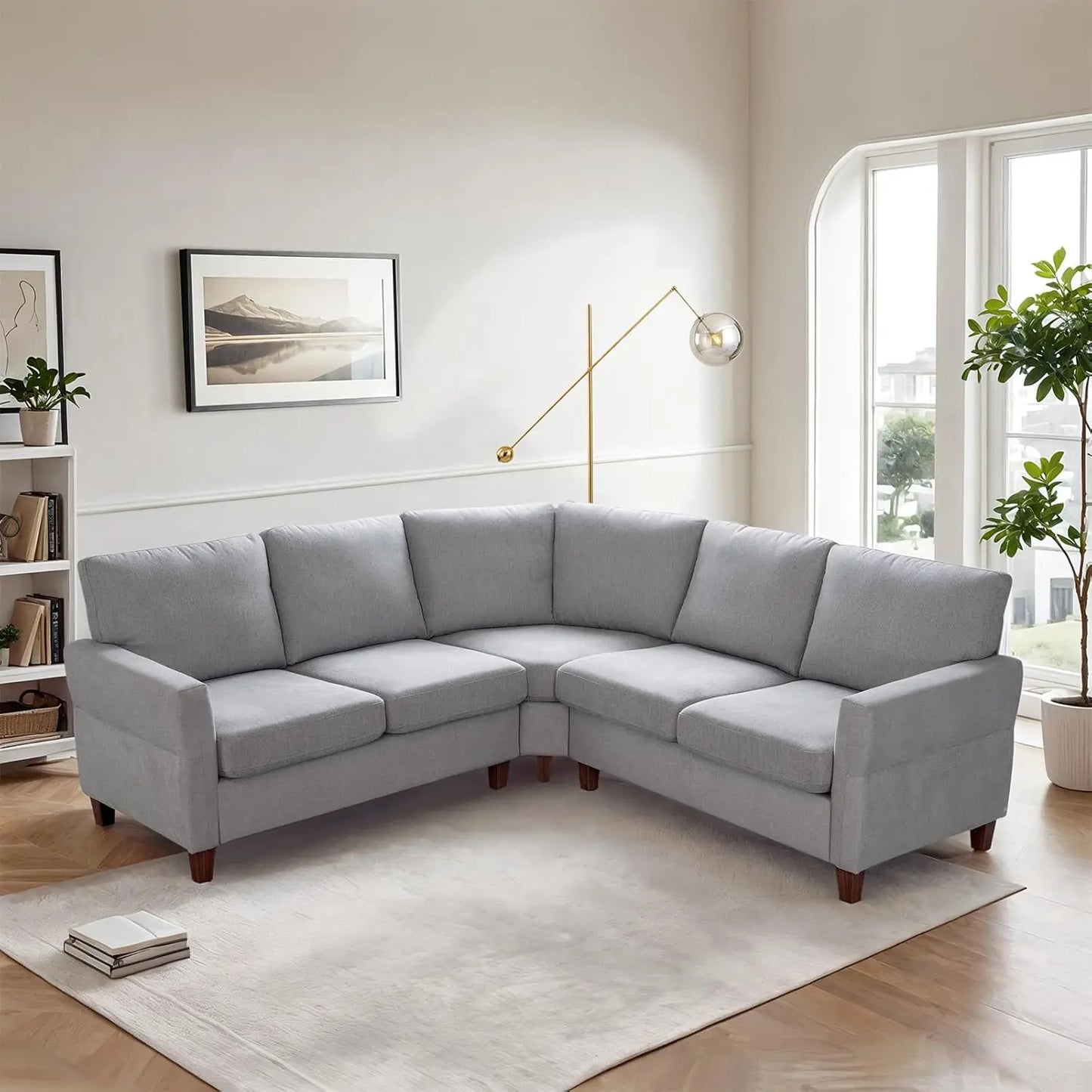 L Shaped Couch, Small Sectional Sofa for Living Room, L Couch with Pocket Springs Seat Cushion, Linen Fabric, Tapered Legs