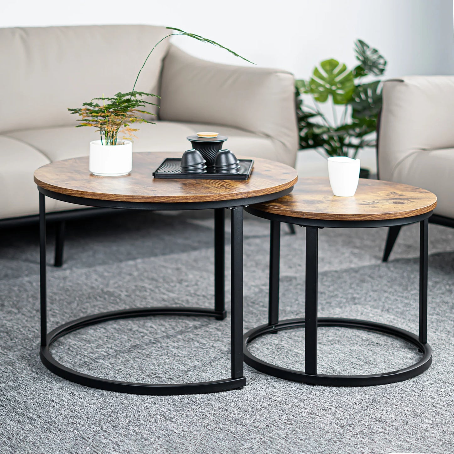 2-Piece Nesting Coffee Table Set | 23.6" Round Rustic Solid Wood Tabletop (Clear Grain for Premium Texture) | Adjustable Non-Sli