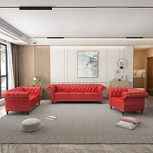 3 Piece Living Room Set, Velvet Chesterfield Sofa Loveseat Couch Chair with Scroll Arms and Nailhead for Living Room, Office (Bl