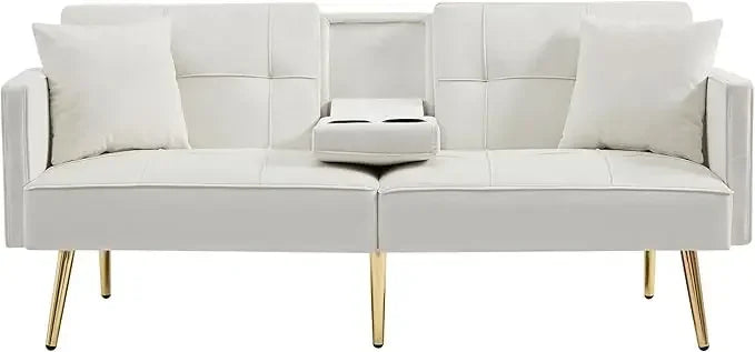 Futon Sofa Bed Convertible Daybed - Modern Linen Fabric Couch Bed with 2 Cup Holders & Removable Armrests, Multi-Functional Love