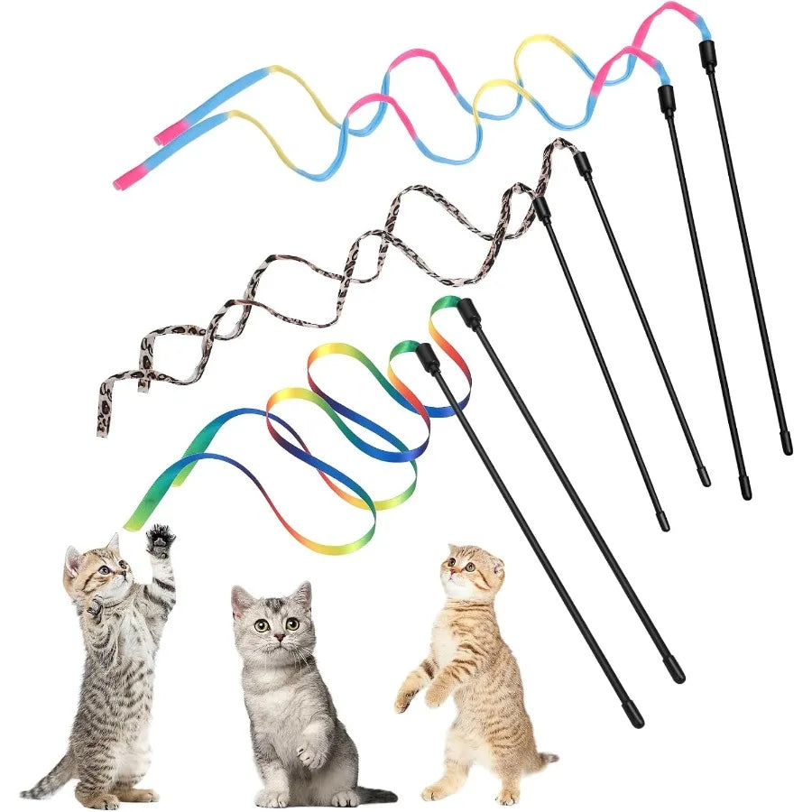 Cat Wand Toy Set Interactive Cat Wand Toy with Rainbow Ribbon String Rainbow Cloth String Leopard Print Cloth String for Small