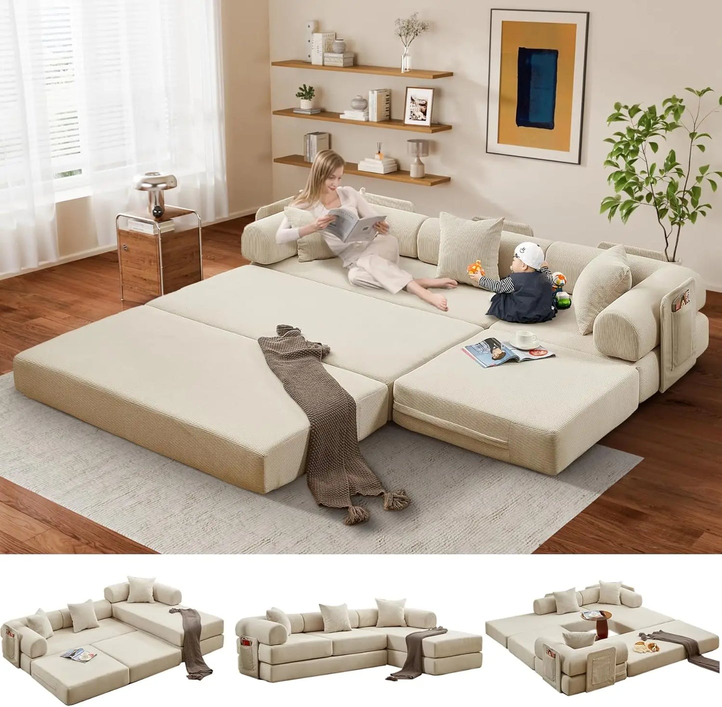 L Shaped Modular Sofa Bed with Cylindrical Pillow & Reversible Chaise, Corduroy Folding Floor Convertible Sofa Couch Bed