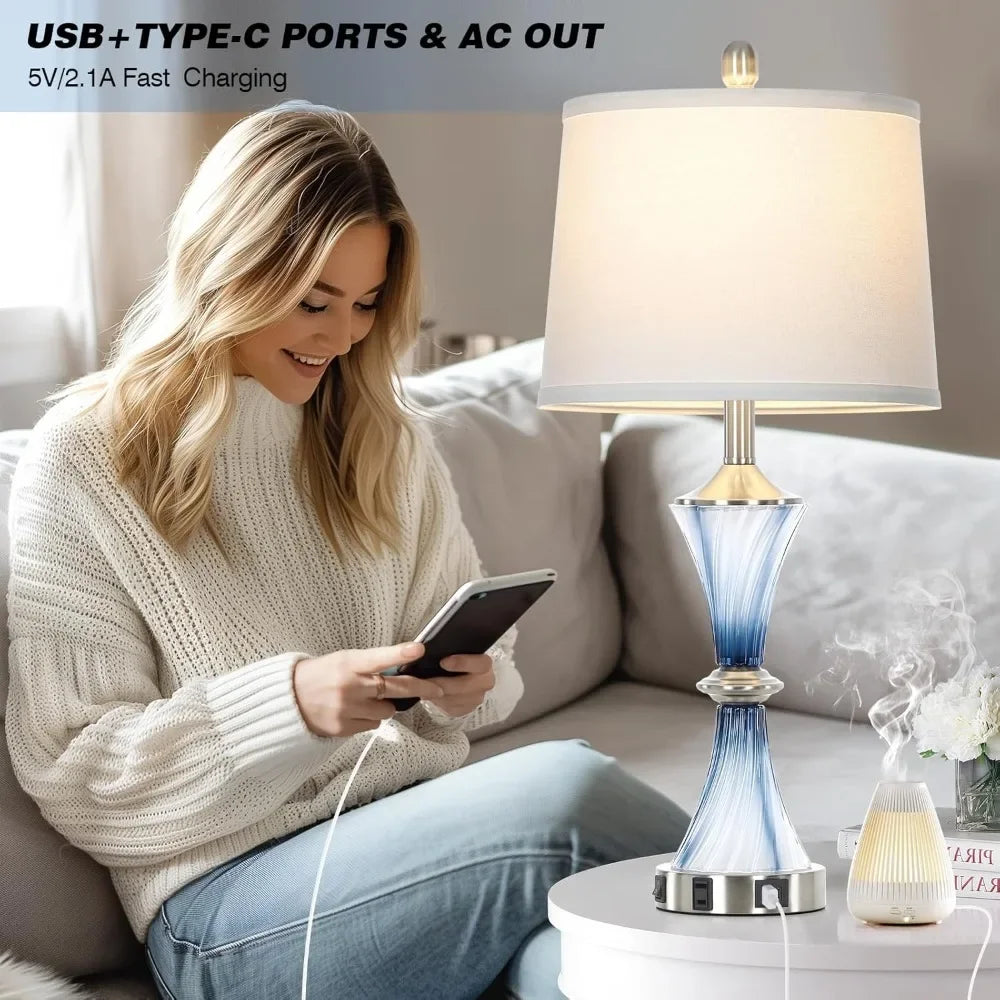 Customizable-Blue Glass Table Lamp Set Of 2 With USB C+A Ports & AC Outlet, Bedside Lamp, Modern Bedroom Lamps, Coastal Lamp For