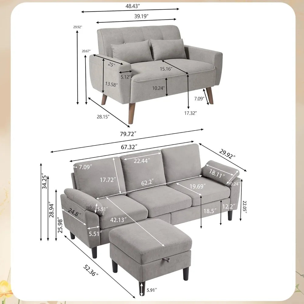 79" Convertible Sectional Sofa Set, Modern Linen Small L Shaped Couch with Reversible Chaise and Loveseat Sofa, 3-Seat Sofa
