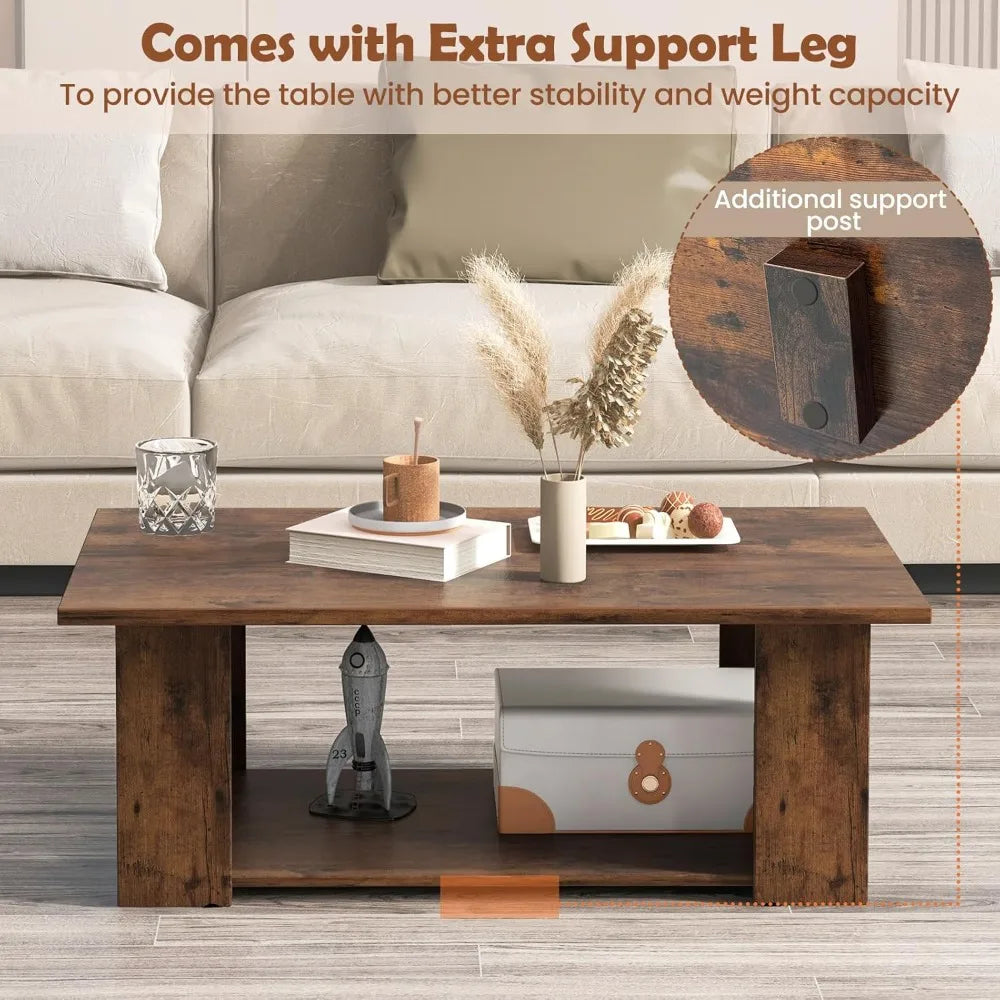 Rectangle Wood Center Table, 41" L 2-Tier Large Modern Tea Table w/Open Compartment, Easy Assembly, Accent Coffee Table