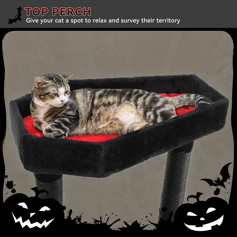 YITAHOME Gothic Cat Tree with Coffin Bed, 60" Tall Cat Tower for Indoor Cats with Top Perch, Spacious Cat Condos, Spider Hanging