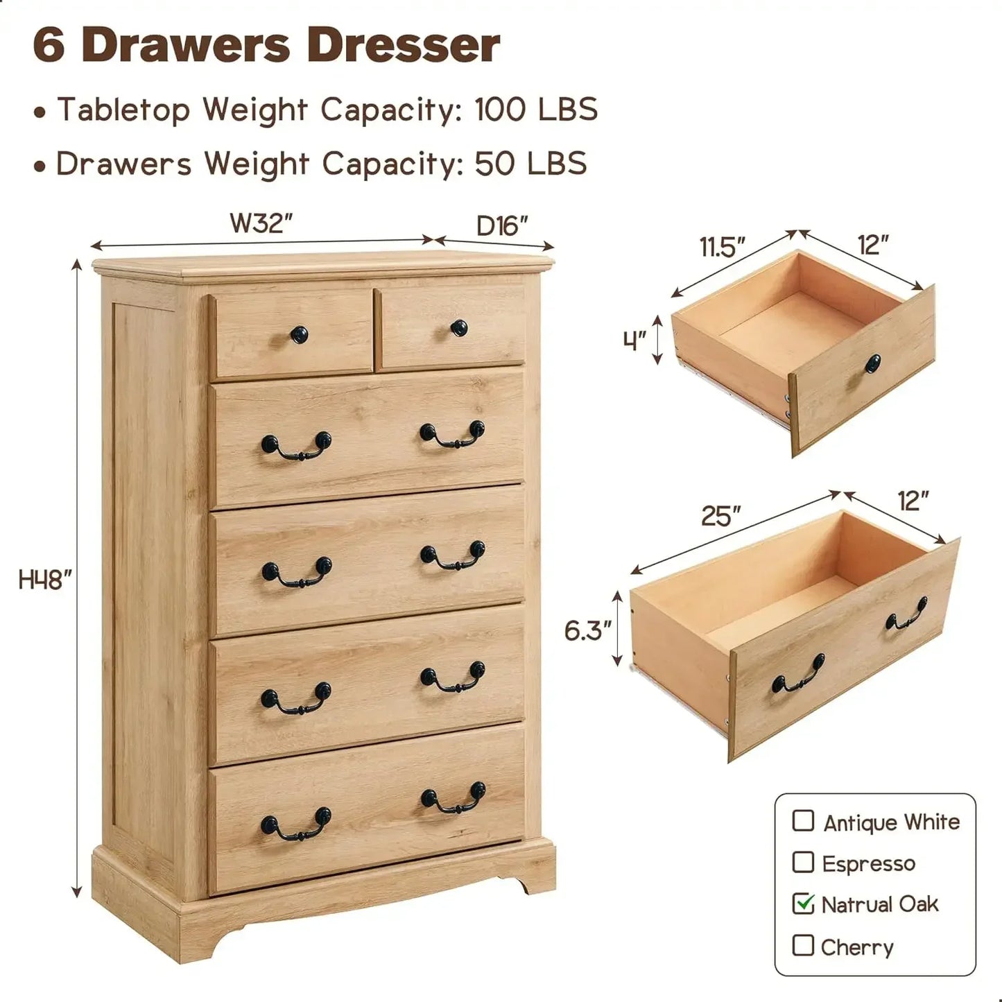 6 Drawers Dresser Chests for Bedroom, 48" Tall Rustic Chset,Wood Dressers Organizer for Bedroom, Living Room,Hallway,Natural Oak