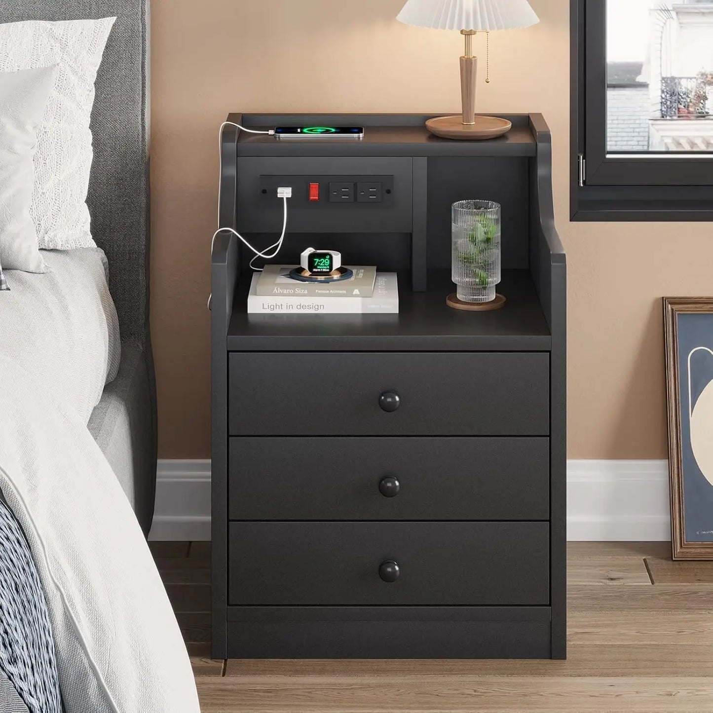 Nightstand with Charging Station, Night Stand with Hutch & Storage Drawers, End Table Side Table Bedroom,