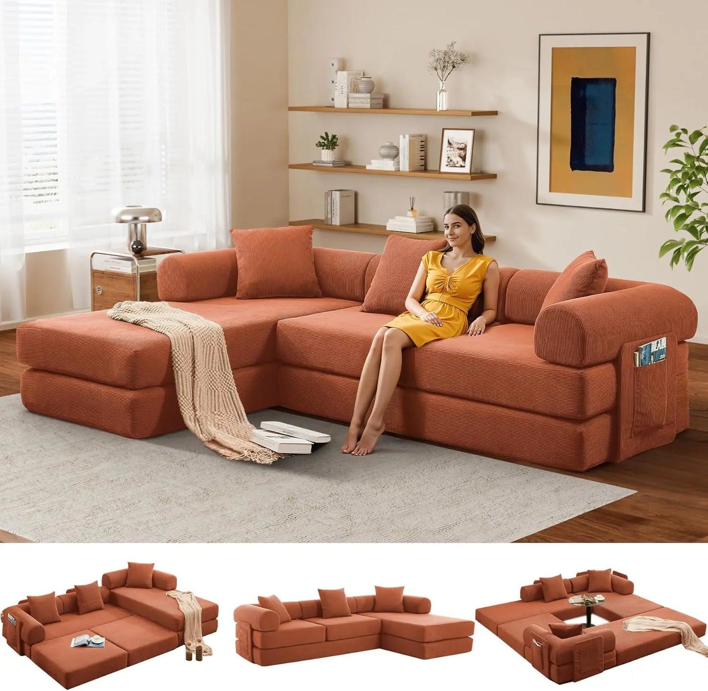 L Shaped Modular Sofa Bed with Cylindrical Pillow & Reversible Chaise, Corduroy Folding Floor Convertible Sofa Couch Bed