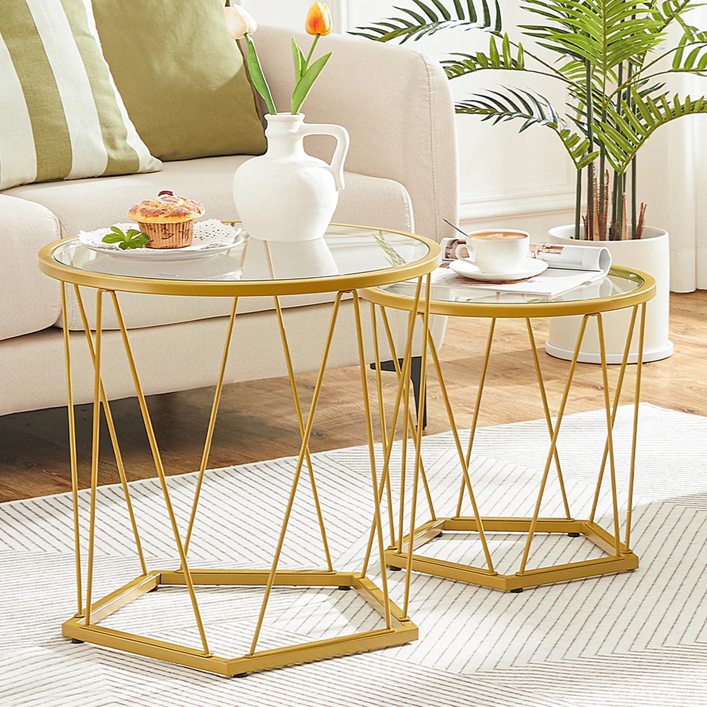 HOOBRO Coffee Table Set of 2 Round Coffee End Table with Metal Frame Glass Top Gold Side Table for Living Room and Balcony