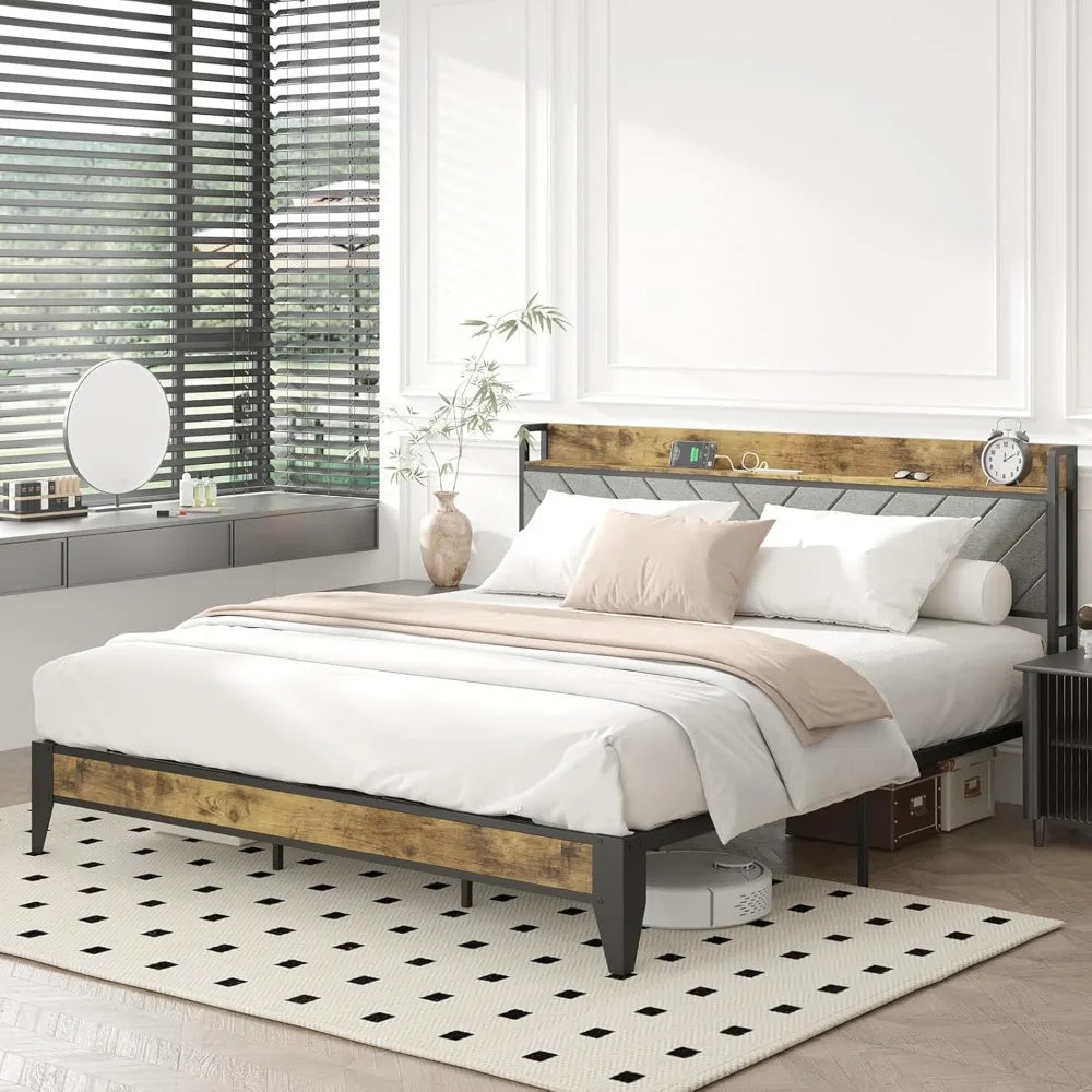 Heavy-Duty Metal Bed Frame with Storage Headboard, Charging Station, LED Light, and Noise-Free Design