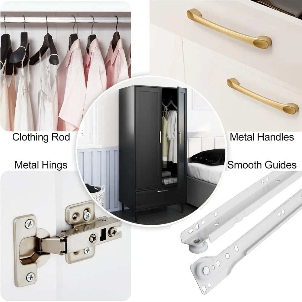 Modern Black Bedroom Armoire with Hanging Rod and Drawers, 60 Two-Door Storage Cabinet for Clothes