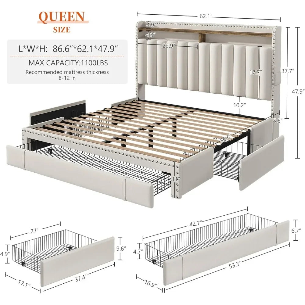 BEST SALE-Queen Bed Frame with 3 Drawers,Bed Frame Queen Size with Upholstered Headboard and Storage,2-Tier Shelves shed