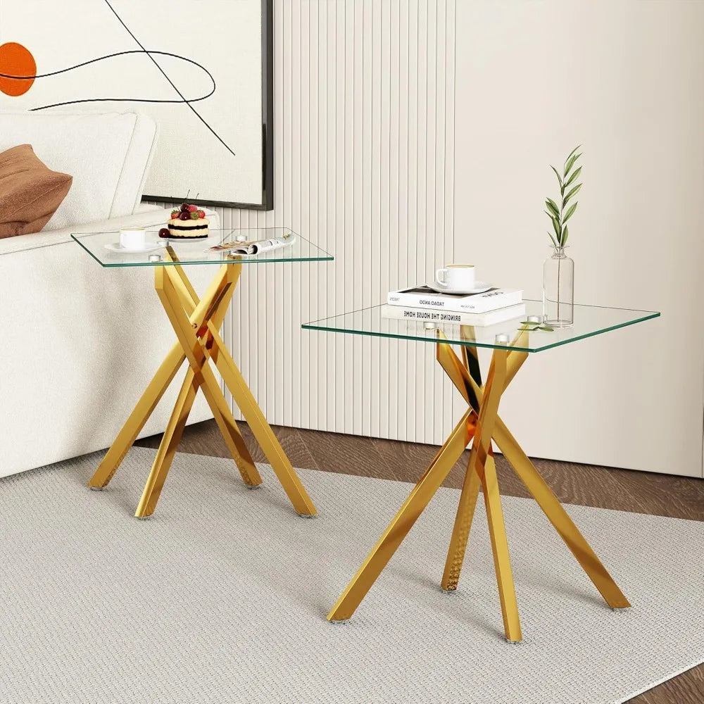 Living Room Set - Glass Coffee Table and 2 End Tables with Modern Design Set of 3 (Large Coffee Table + End Table x2, Gold)