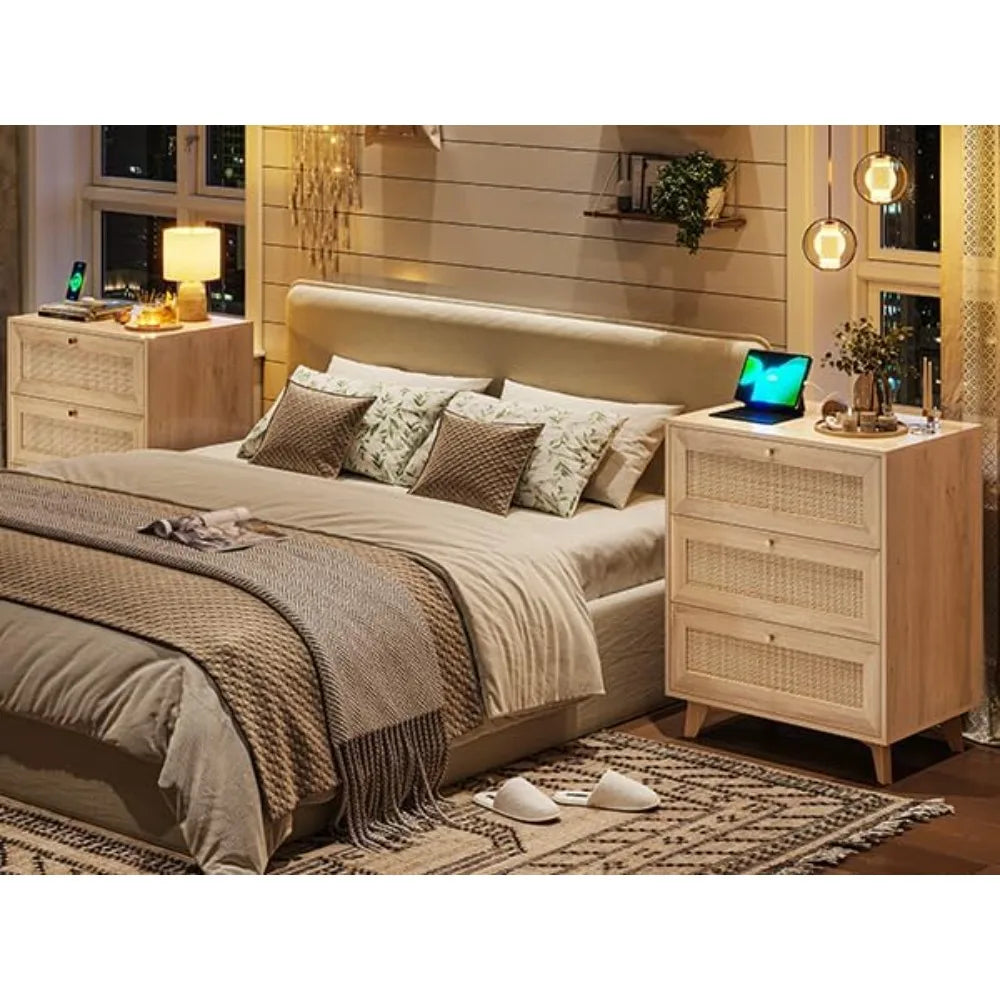 "set of 2 rattan bohemian nightstands with charging station, 3 drawers, 2 usb ports, and 2 ac outlets"
