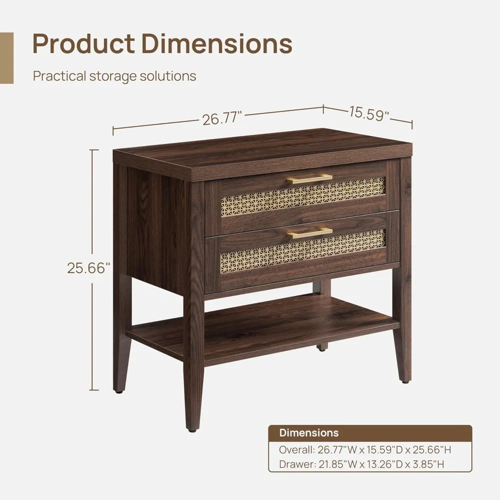 Large Night Stand Set 2, Nightstands Sets of 2 with Drawers and Shelf, Rustic Bedside Table for Bedroom, Mid Century Modern Nig