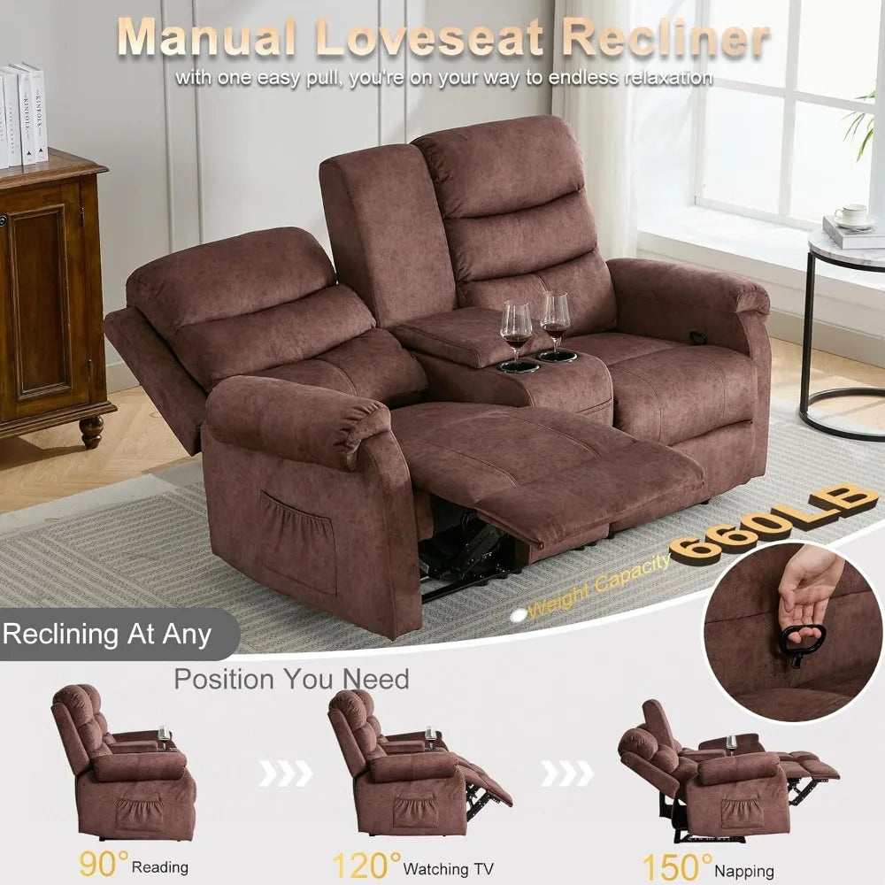 65.7" Manual Loveseat Recliner Sofa with Storage Console, Cup Holders and Side Pockets, Dual Reclining Sofa for Living Roo