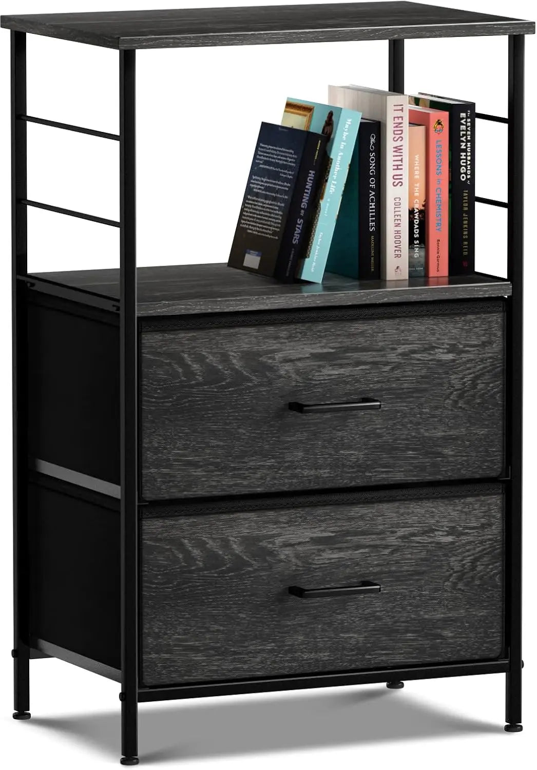 2 Drawer Shelf Storage Nightstand - Kids Bedside Furniture End Table Night Stand with Steel Frame Wood Top & Easy Pull Fabric Bi