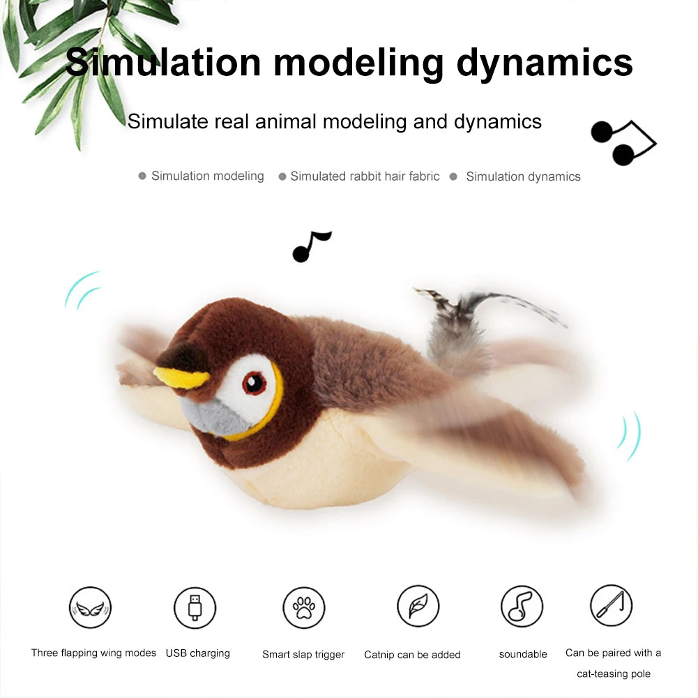 Interactive Cat Toys Flapping Wings(no Flying) Sparrow Catnip Toys Simulated Chirping Bird with Vibration Sensor for Cats