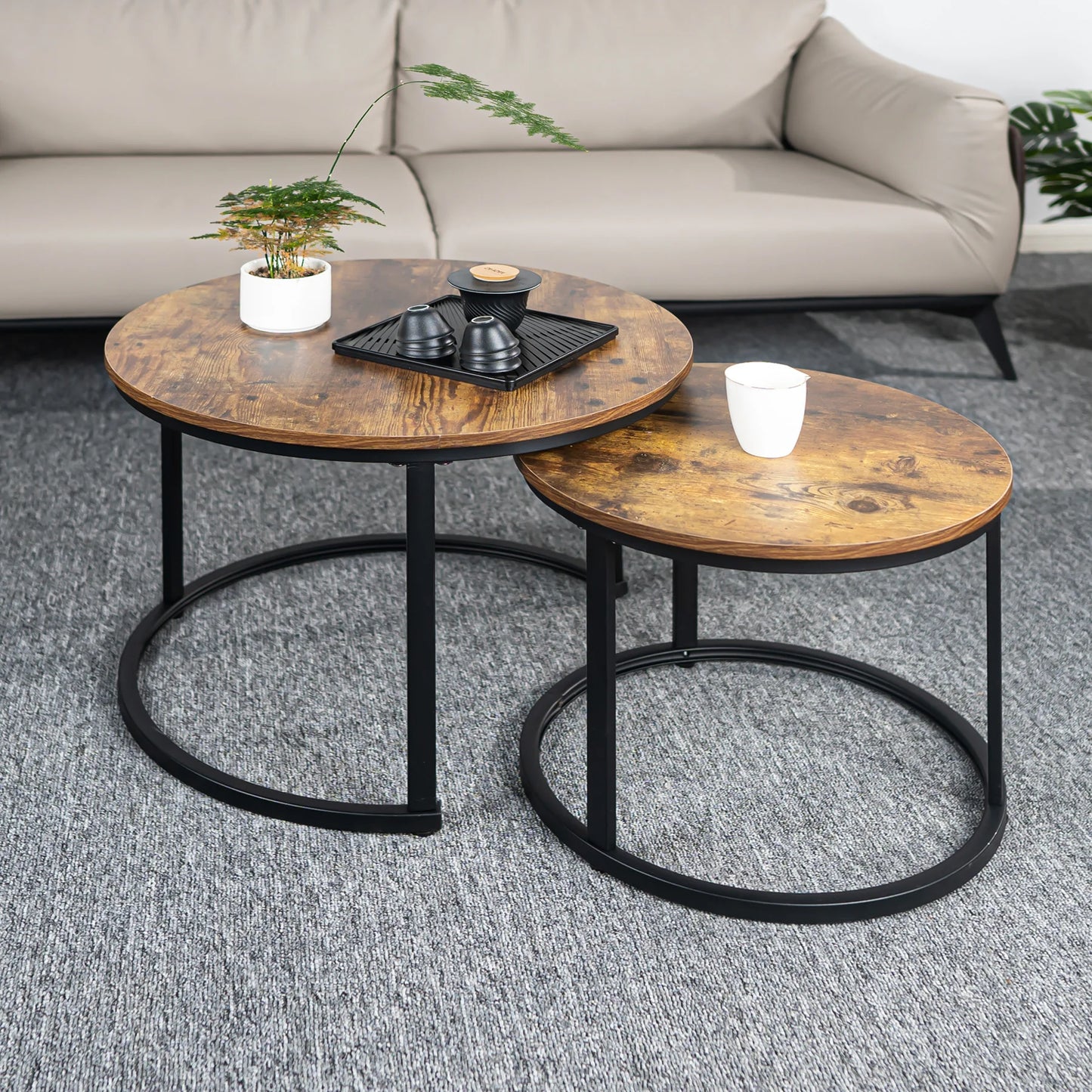 2-Piece Nesting Coffee Table Set | 23.6" Round Rustic Solid Wood Tabletop (Clear Grain for Premium Texture) | Adjustable Non-Sli