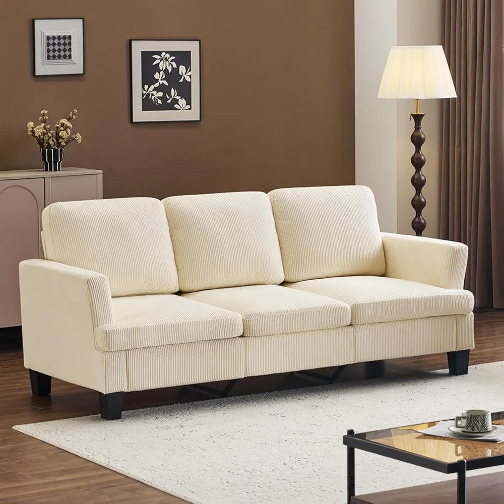 Beige 83 Sofa Couches for Living Room, Corduroy Modern Comfy 3 Seater Couch 25.6 Deep Seat Upholstery Cozy Sofas for Small