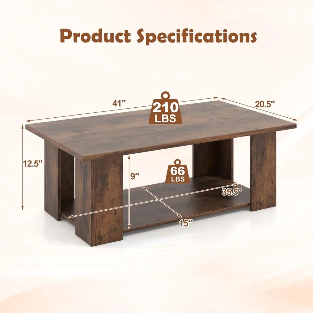 Rectangle Wood Center Table, 41" L 2-Tier Large Modern Tea Table w/Open Compartment, Easy Assembly, Accent Coffee Table