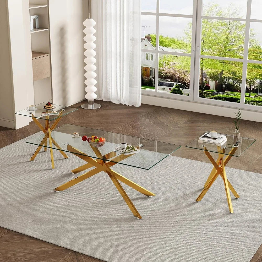 Living Room Set - Glass Coffee Table and 2 End Tables with Modern Design Set of 3 (Large Coffee Table + End Table x2, Gold)