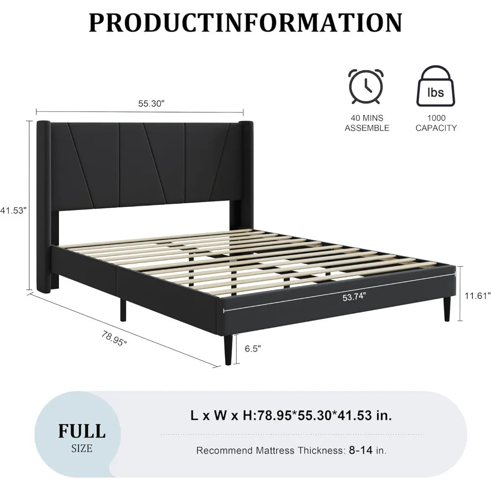 Full Size Tufted Headboard Upholstered Platform Bed with Wooden Slat Support, No Box Spring Needed