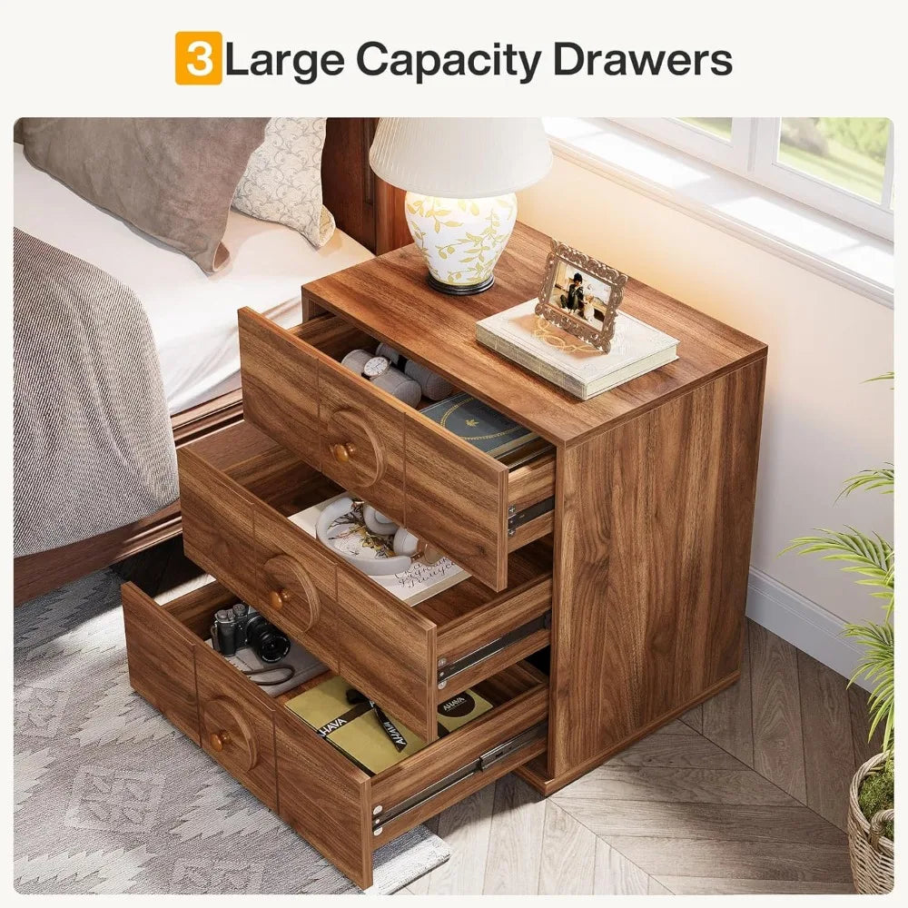 3 Drawers Nightstand Set of 2, Mid-Century Modern Night Stand with Storage for Bedroom, Wood Bedside End Table with Solid Handl