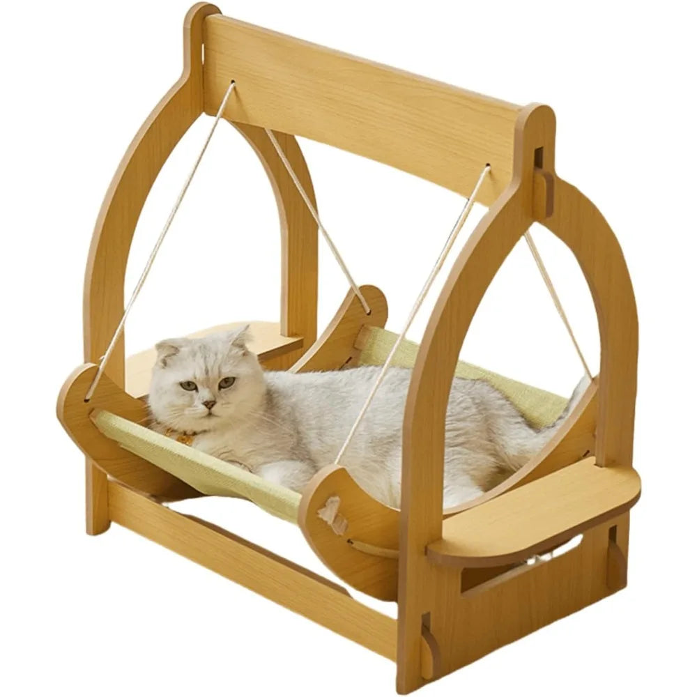 2 in 1 Wooden Cat Hammock, Comfortable and Breathable Hanging Cat Bed with Soft Mattress and Pillow，Suitable for Cats or Small D