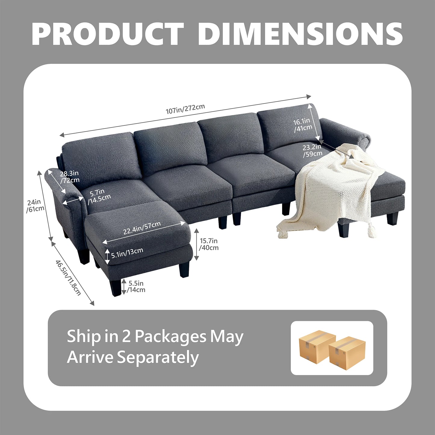 Redlife 108" Sectional Sofa w/ Chaise Living Room Sofa Convertible 4 Seat L-Shape Sofa Set Fabric Sectional Couch w/ Two Ottoman