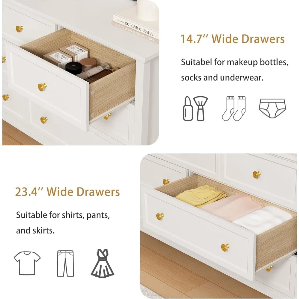 7 Drawer White Dresser for Bedroom, 55" Wood Dresser with Gold Handles, Wide Modern Chest of Drawers for Hallway, Entryway