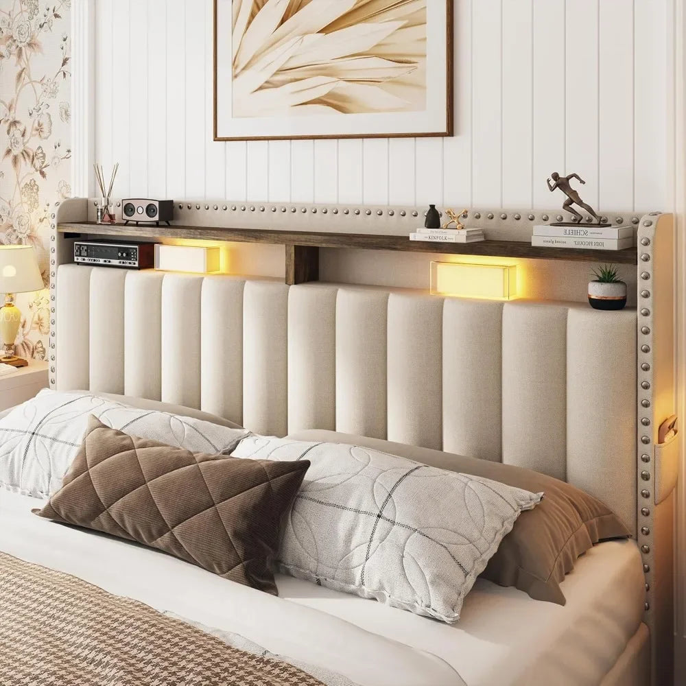 BEST SALE-Queen Bed Frame with 3 Drawers,Bed Frame Queen Size with Upholstered Headboard and Storage,2-Tier Shelves shed