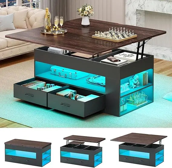 Lift Top Coffee Table, 4 in 1 Coffee Tables with Storage and Hidden Compartment, Farmhouse Coffee Table with 2 Fabric Drawers &