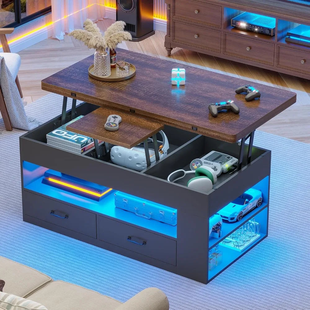 Lift Top Coffee Table, 4 in 1 Coffee Tables with Storage and Hidden Compartment, Farmhouse Coffee Table with 2 Fabric Drawers &